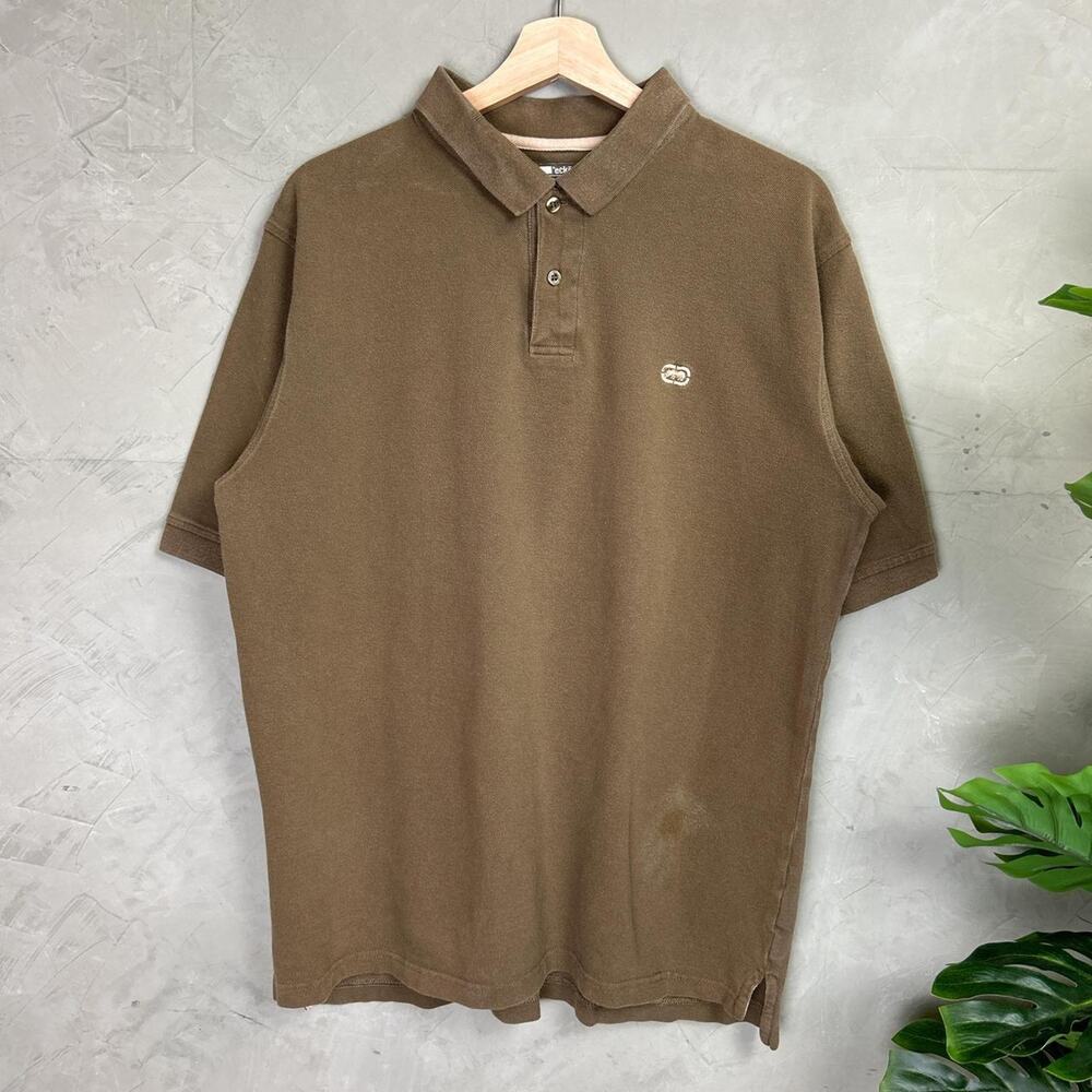 Ecko Unltd. Earth Tone Two Button Polo Rhino Logo Large Y2K Short Sleeve Shirt